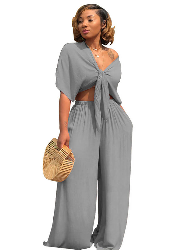 Two Piece Bowknot Tie Front Crop Top+Wide Leg Pant Sets