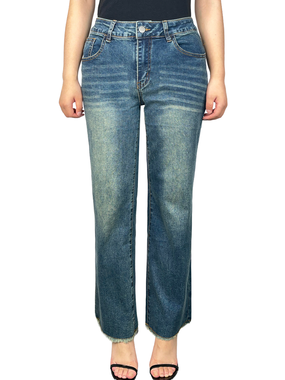 Mid Rise Wide Leg 90S Vintage Zipper Fly Raw Hem Womenswear Bottom 306 Loose-fitting Cropped Jeans