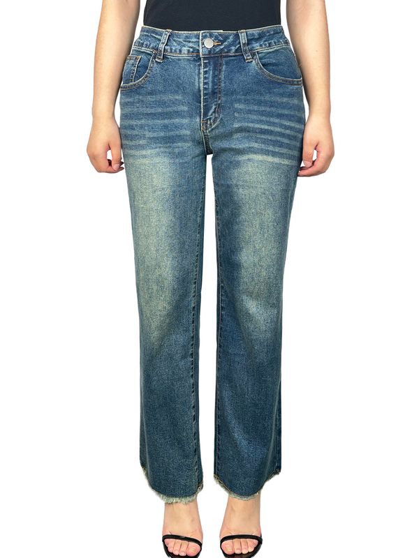 ONESO Mid Rise Wide Leg 90S Vintage Zipper Fly Raw Hem Womenswear Bottom Loose-fitting Cropped Jeans