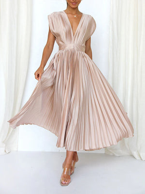 Sleeveless V Neck Pleated Maxi Dress