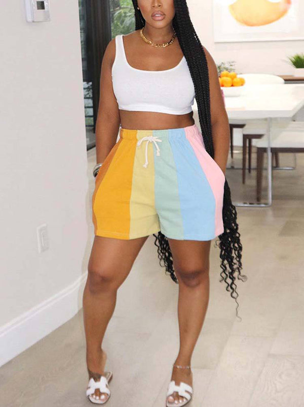 Printed Rainbow Elastic Drawstring Shorts