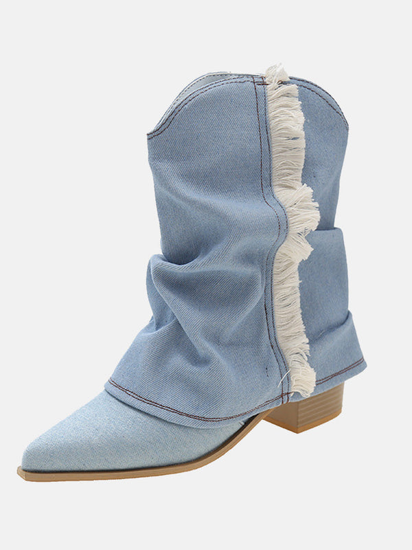 Fringe Point Toe Denim Boots