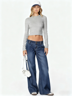 Women's Striped Elegant Commuter Stretch High Waist Straight Leg Jeans