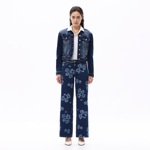 ONESO Women BBL Jeans Mid-Low Rise Wide Leg Stretch Baggy Printing Denim with Tummy Control Minimalist Basic Trouser