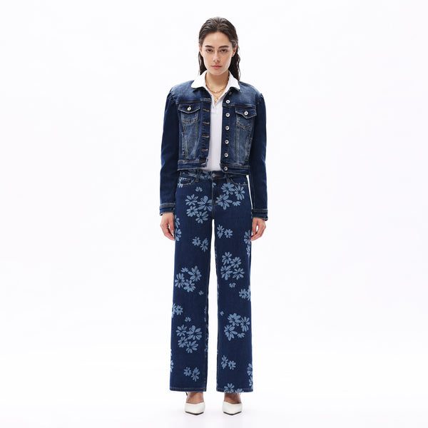ONESO Women BBL Jeans Mid-Low Rise Wide Leg Stretch Baggy Printing Denim with Tummy Control Minimalist Basic Trouser