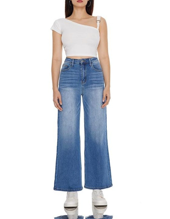 Wide Leg High Waisted Stretch Baggy Buckle Jeans M042701