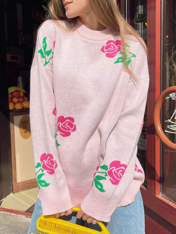 Round Neck Rose Print Sweater