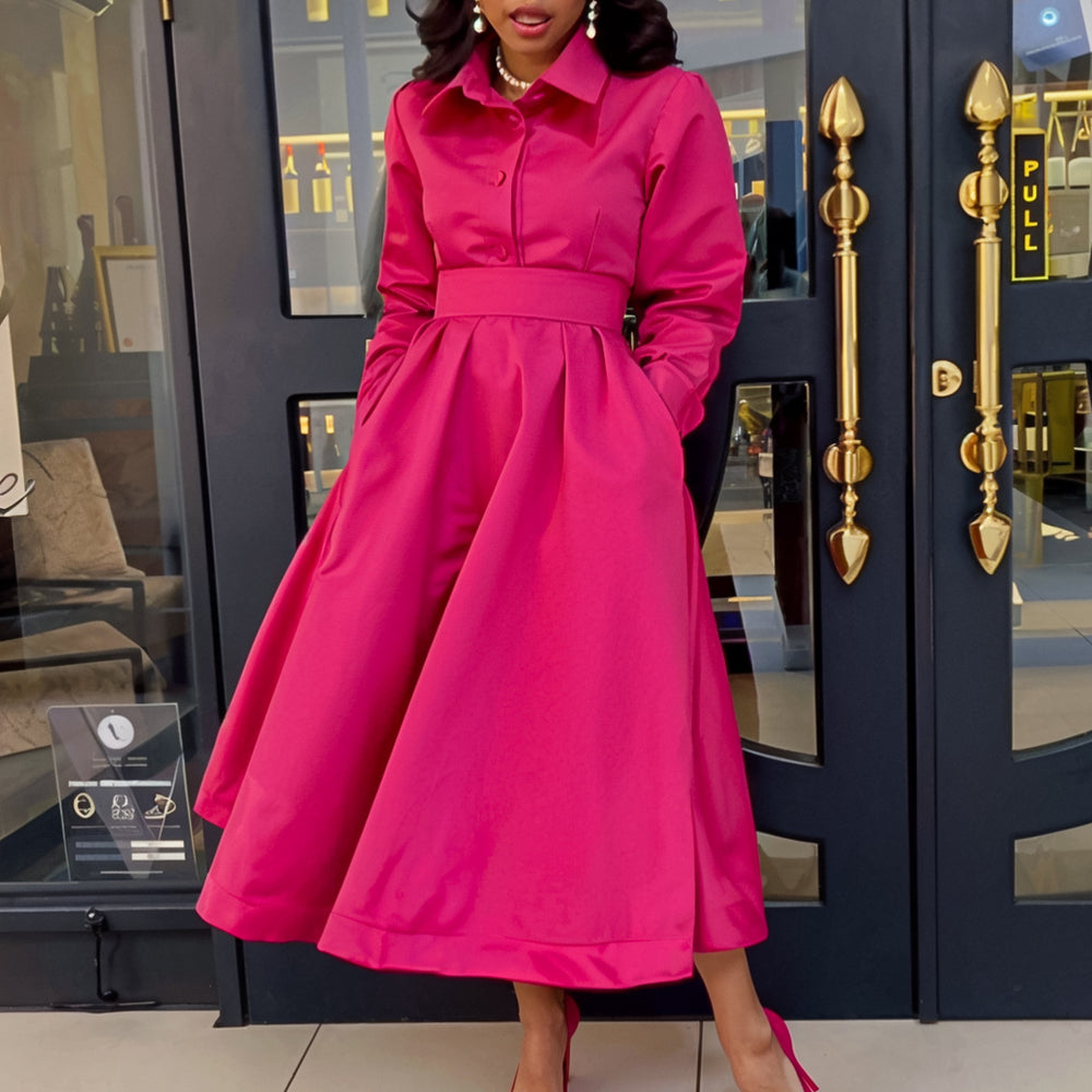 Solid Colour Lapel Long Sleeve A-line Dress