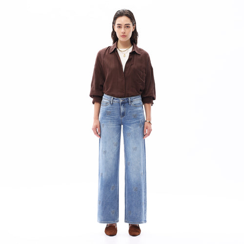 ONESO Women BBL Jeans Mid-Low Rise Wide Leg Stretch Relaxed Fit Embroidered Jeans Flat Tummy Design Simple Basic Trousers