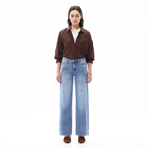 ONESO Women BBL Jeans Mid-Low Rise Wide Leg Stretch Relaxed Fit Embroidered Jeans Flat Tummy Design Simple Basic Trousers
