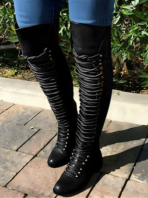 Lace Up Leather Over The Knee Boots