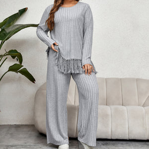 Fringed Long Sleeve Top Loose Wide Leg Pants Set