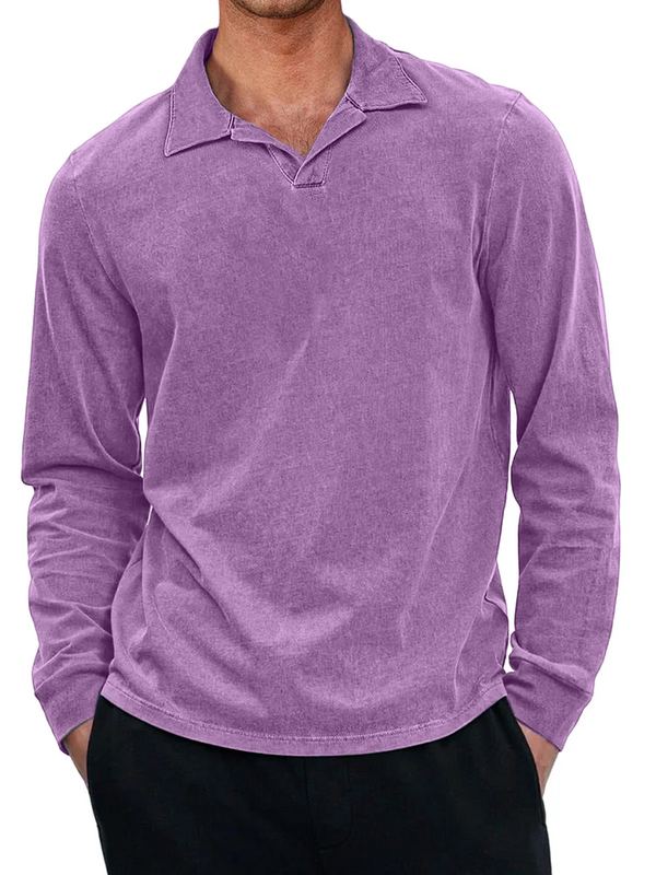 Men's Casual Retro Small V-neck Long-sleeved Polo Shirt