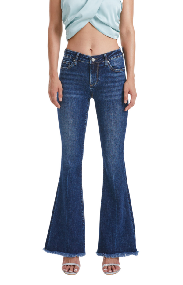 Mid Rise Flare Jeans with Distressed Frayed Hem