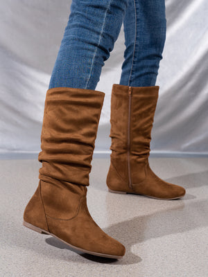 Mid-Calf Side Zipper Ruched Flat Boots