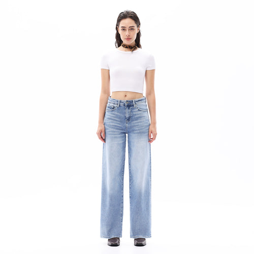 ONESO Women BBL High Rise Raw Hem Baggy Jeans High Stretchy Wide Leg Tummy Denim Pants