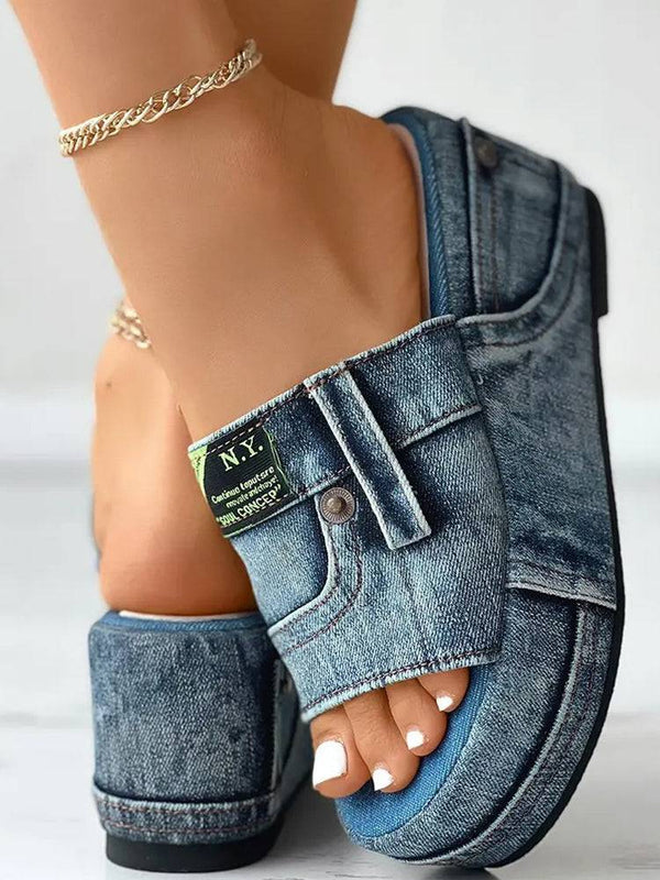 Letter Label Platform Denim Slides