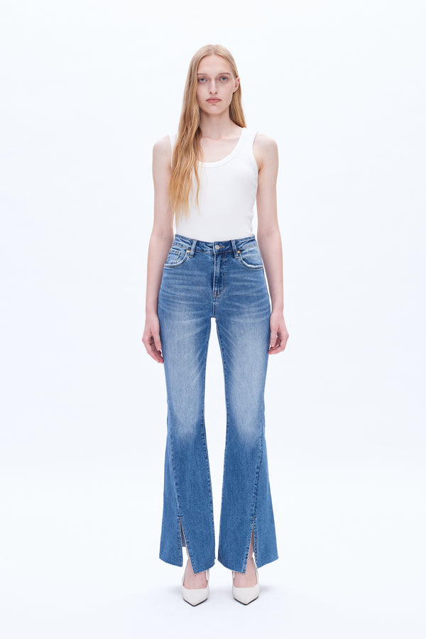 Women High Rise Stretch Flare Distressed Front Slit Jeans BYF1100