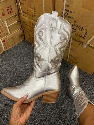 Metallic PU Leather Cowboy Boots