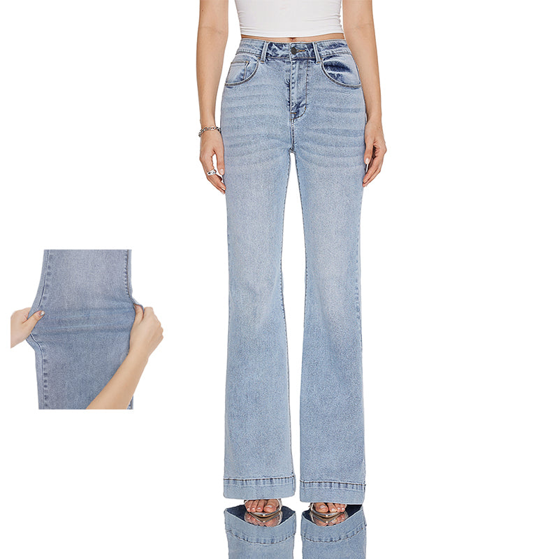 High Rise Flare Denim Jeans With Clean Hem