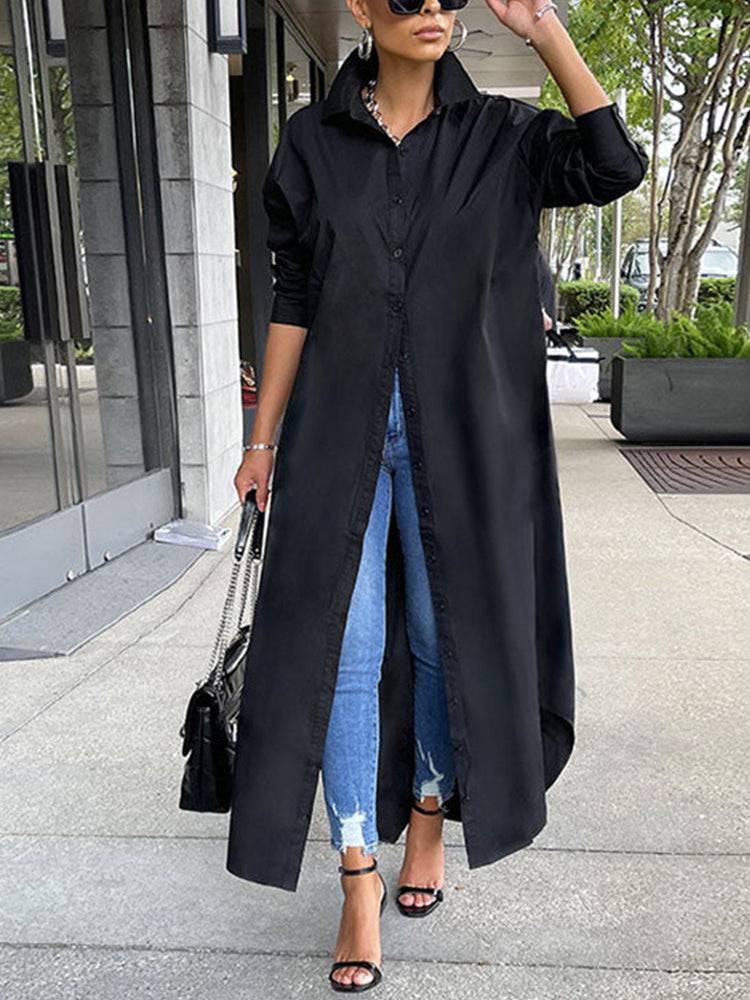 Solid Button Split Shirt Dress