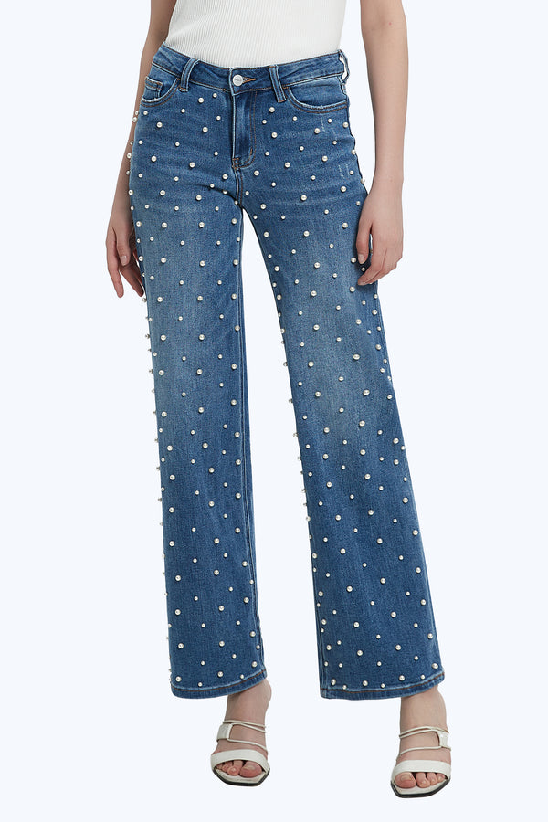ONESO Wide Leg Mid-Low Rise Baggy Jeans for Women Distressed Pants Stretchy Bottom Lady Basic Comfortable Denim
