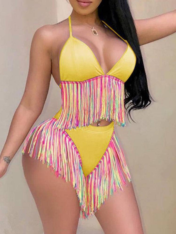 Tassel Design Backless Bikini Swimsuit