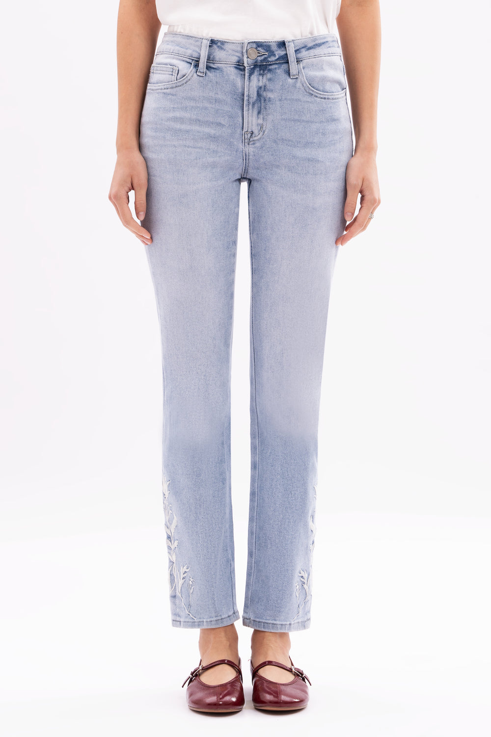 Bloomie Mid Waist EmbroideredHem Stretchy Jeans Women Straight Leg CasualDenim Pants