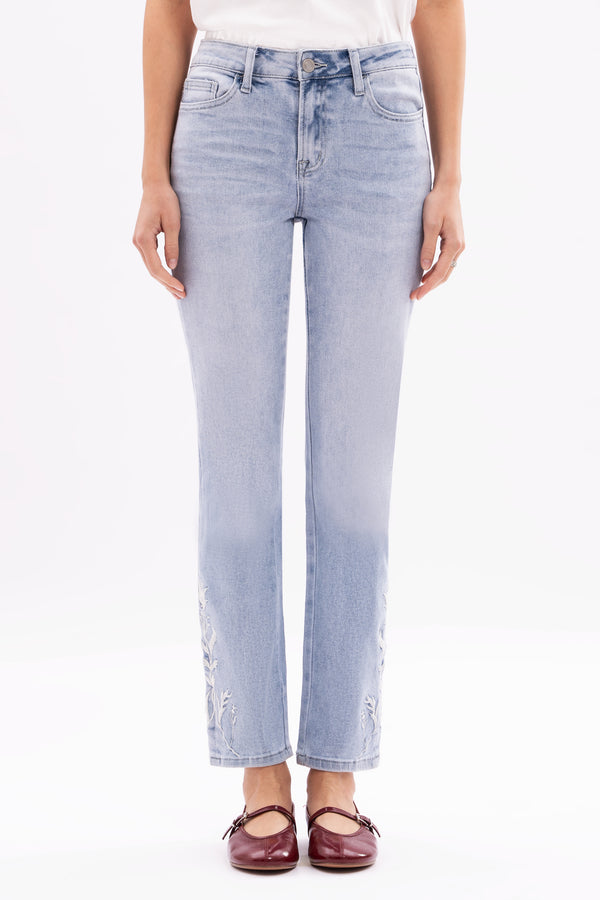 Bloomie Mid Waist EmbroideredHem Stretchy Jeans Women Straight Leg CasualDenim Pants