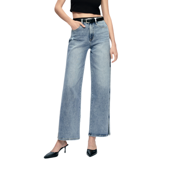 Women High Rise Stretch Wide Leg Side Slit Grinding Jeans BYW8037