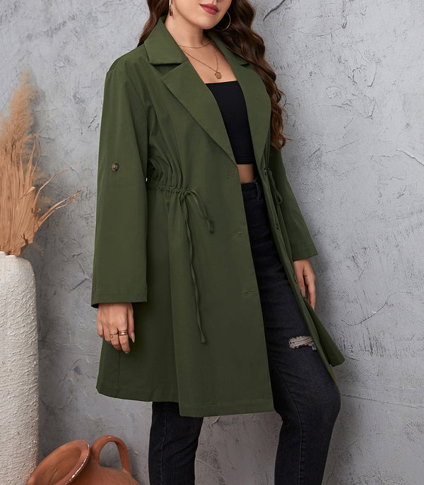 Suit Collar Mid-Length Solid Colour Plus Size Jacket