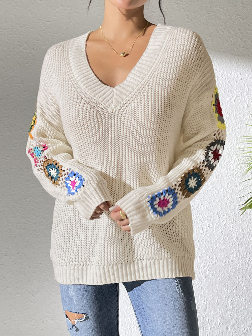 Patchwork V-neck Pullover Sweater