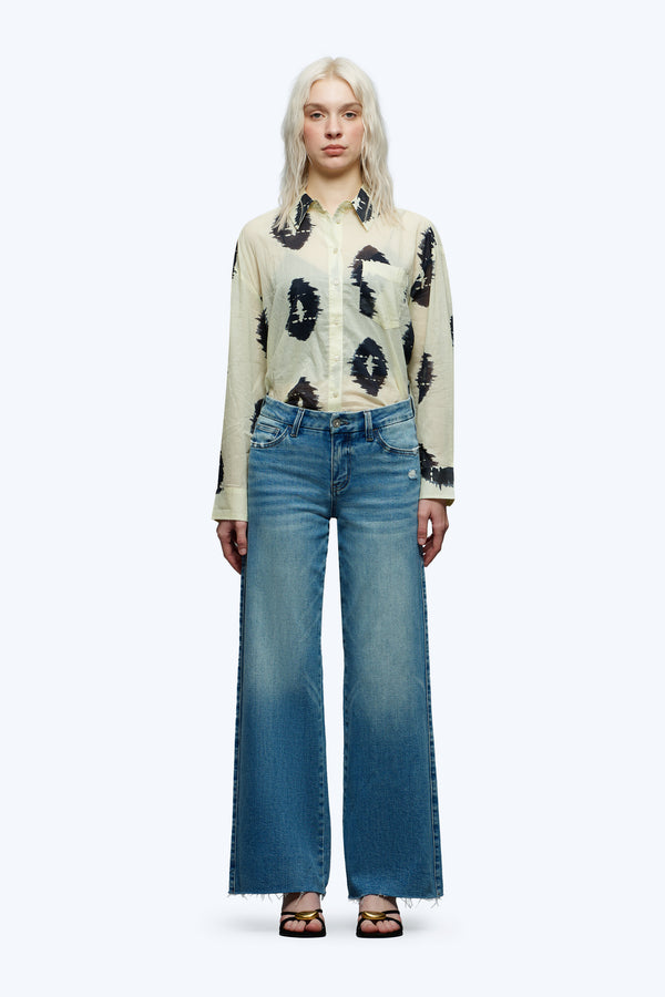 ONESO Mid Low Rise Baggy Jeans Wide Leg for Women Distressed Pants Stretchy Bottom Lady Basic Comfortable