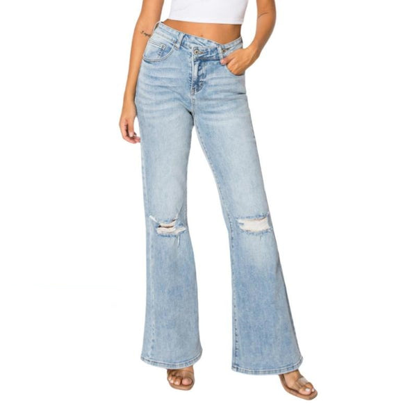 Women High Rise Stretch Bootcut Ripped Wide Leg Jeans SH25F15