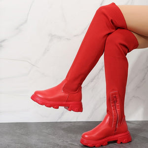 Knee High Round Toe Knit Chunky Boots