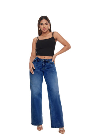 ONESO Mid-Low Rise Baggy Jeans Wide Leg for Women Distressed Pants Stretchy Bottom Lady Basic Comfortable Denim