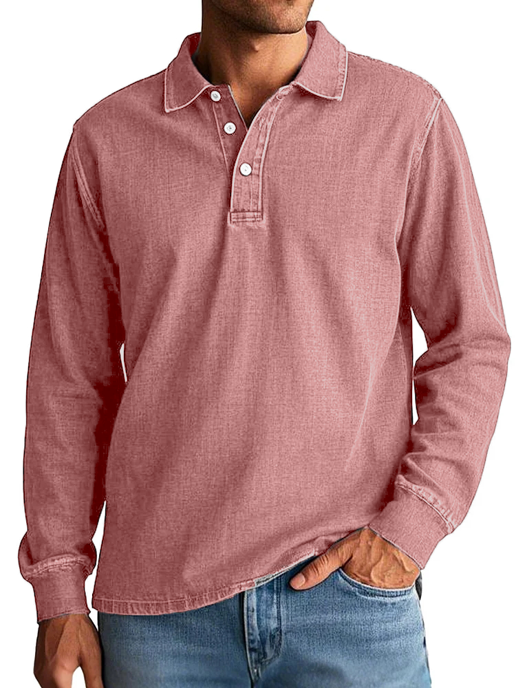 Men's Fashion Retro Washed Distressed Cotton Lapel Long Sleeve Polo Shirt