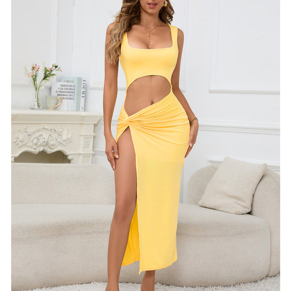 Halter Solid Color Hollow Out Neckline Sexy Dresses