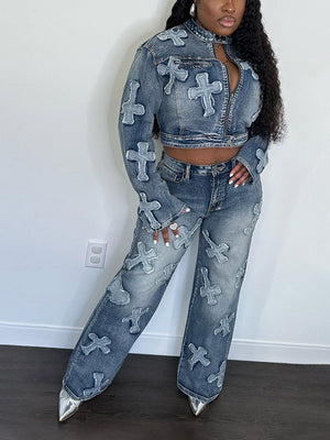 Cross Denim Jacket Pants Set