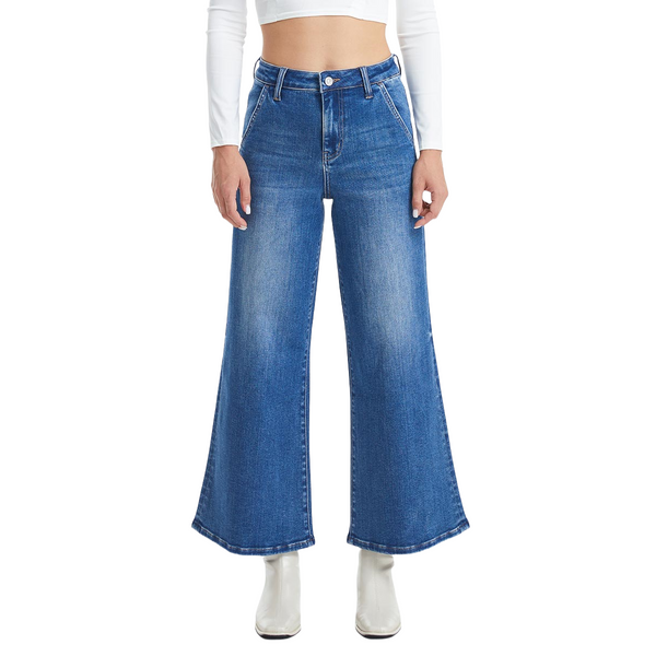 Women High Rise Stretch Carpenter Wide Flare Leg Jeans BYW8085