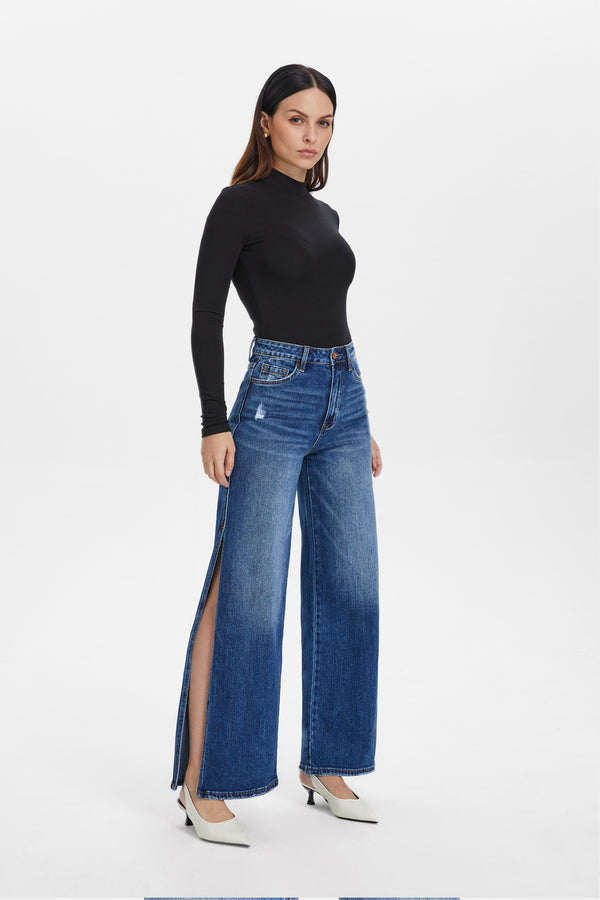 Women High Rise Stretch Wide Leg Side Slit Grinding Jeans BYW8037