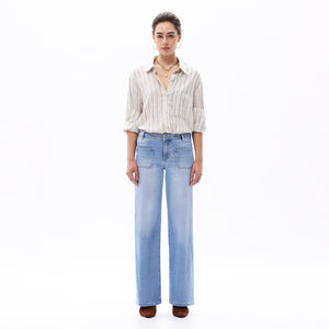 ONESO Women Mid-Waist Front Pocket Design Wide-Leg Jeans High Stretch Comfortable Denim Pants