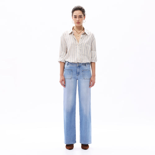 ONESO Women Mid-Waist Front Pocket Design Wide-Leg Jeans High Stretch Comfortable Denim Pants