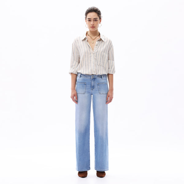 ONESO Women Mid-Waist Front Pocket Design Wide-Leg Jeans High Stretch Comfortable Denim Pants