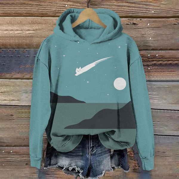 Abstract Creative Cute Cat Leaping Under The Starry Sky Painting Art  Hoodie