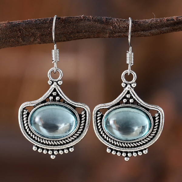 Retro Blue Oval Gemstone Earrings