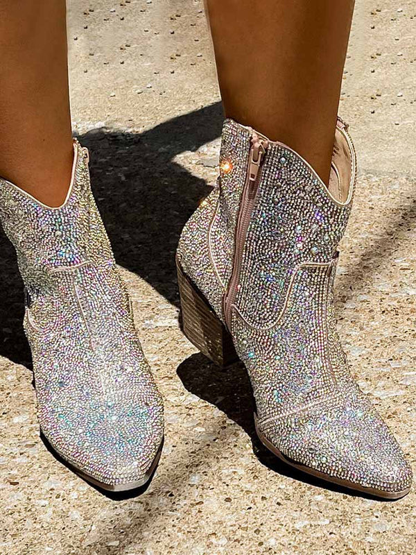 Rhinestone Decor Chunky Heel Boots