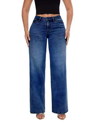 SHAPUM Women's Mid Rise Relaxed Fit Wide Leg Stretch Cuffed Jeans
