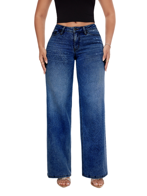 SHAPUM Women's Mid Rise Relaxed Fit Wide Leg Stretch Cuffed Jeans