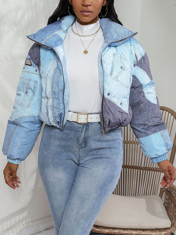 Denim Printed Puffer Jacket